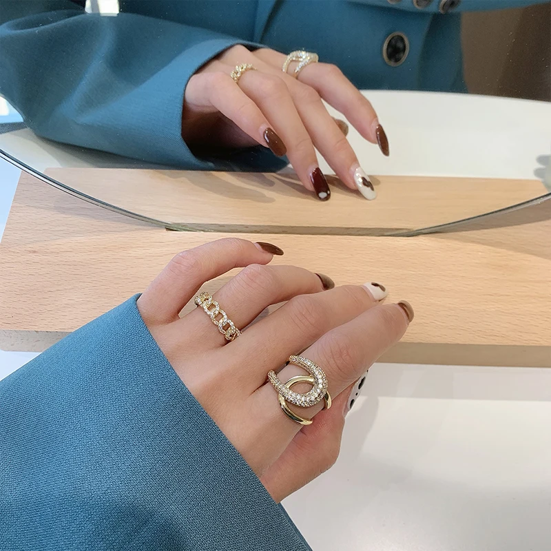 2020 New Metal Zircon Cross Gold Color Open Rings Fashion Korean Jewelry For Woman Luxury Wedding Party Girl's Finger Unusual