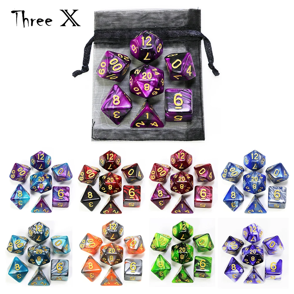 Polyhedral Dice Set with Pouch Double-Colors  Gold Numbers of D4 D6 D8 D10 D% D12 D20 for DNDGame RPG Table Games