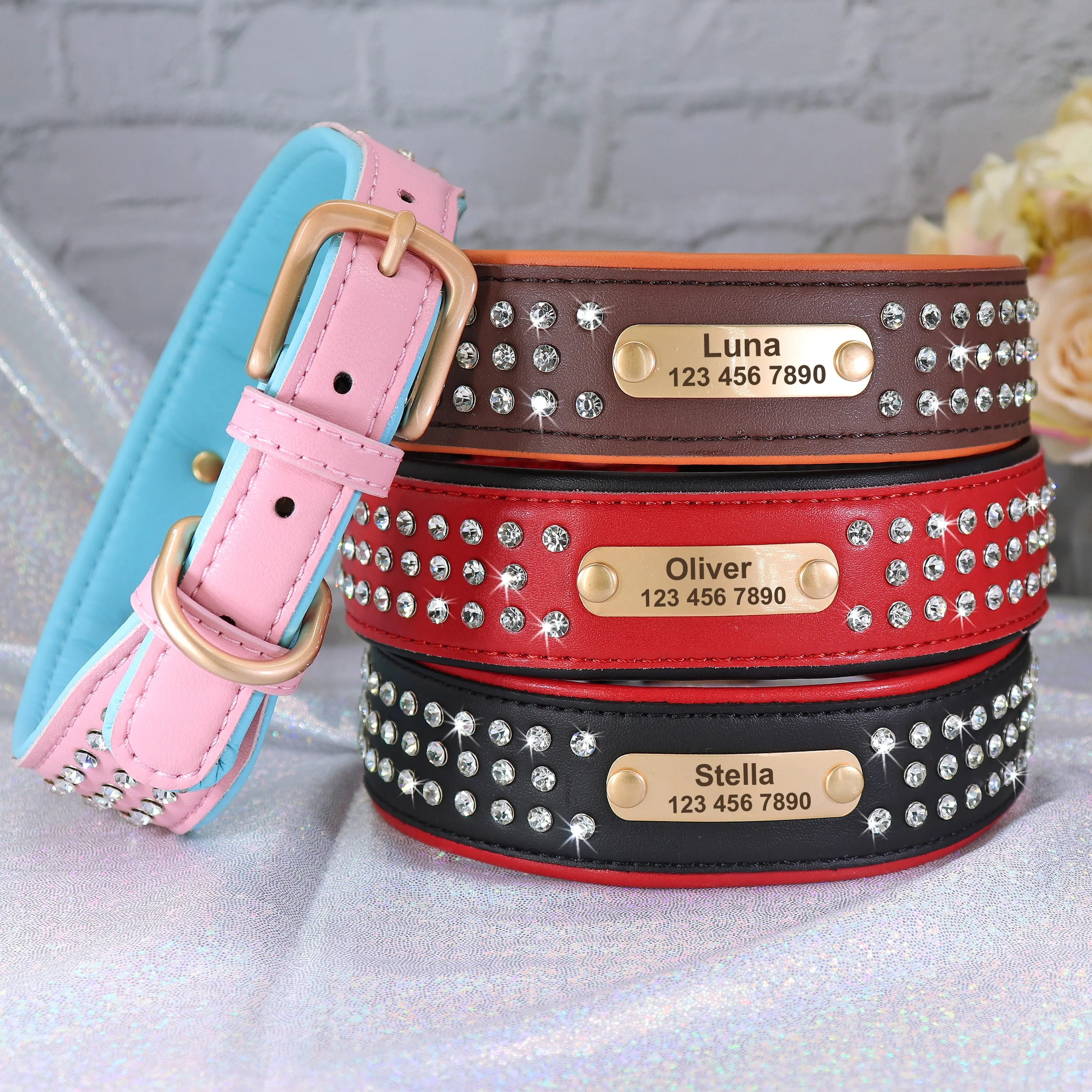 Personalized Crystal Leather Dog Collar Custom Rhinestone Dog Collars With Buckle Free Engraved ID Collar For Medium Large Dogs