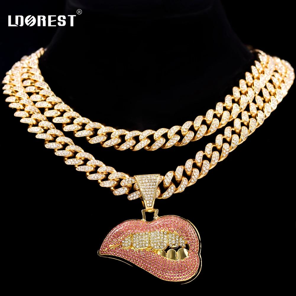 

HipHop Rock Shiny Bite Lip Shape Cuban Necklace For Men Women 13mm Miami Cuban Link Choker Necklaces Fashion Charm Jewelry Gifts