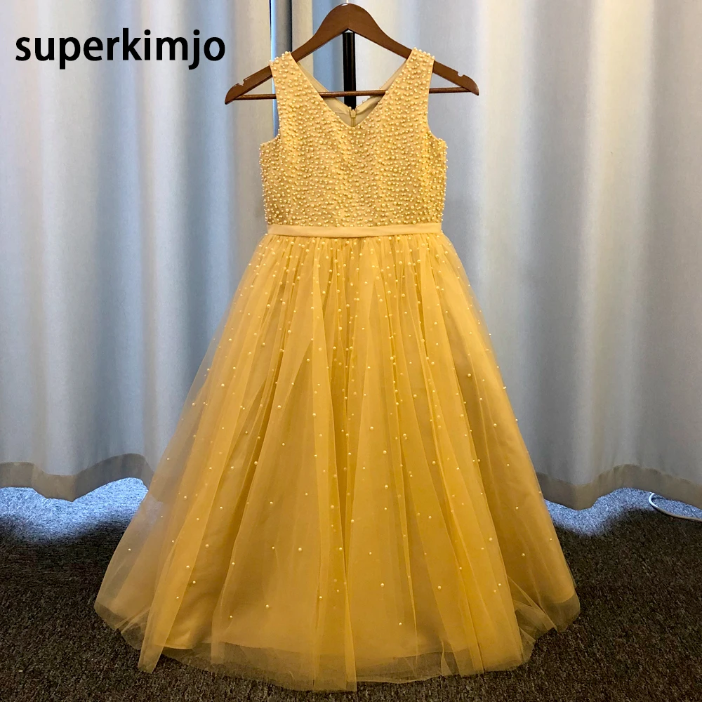 Pérolas pequenas meninas de flor vestidos a linha champanhe pérolas uma linha tule longo imagem real meninas vestido de festa vestido de baile