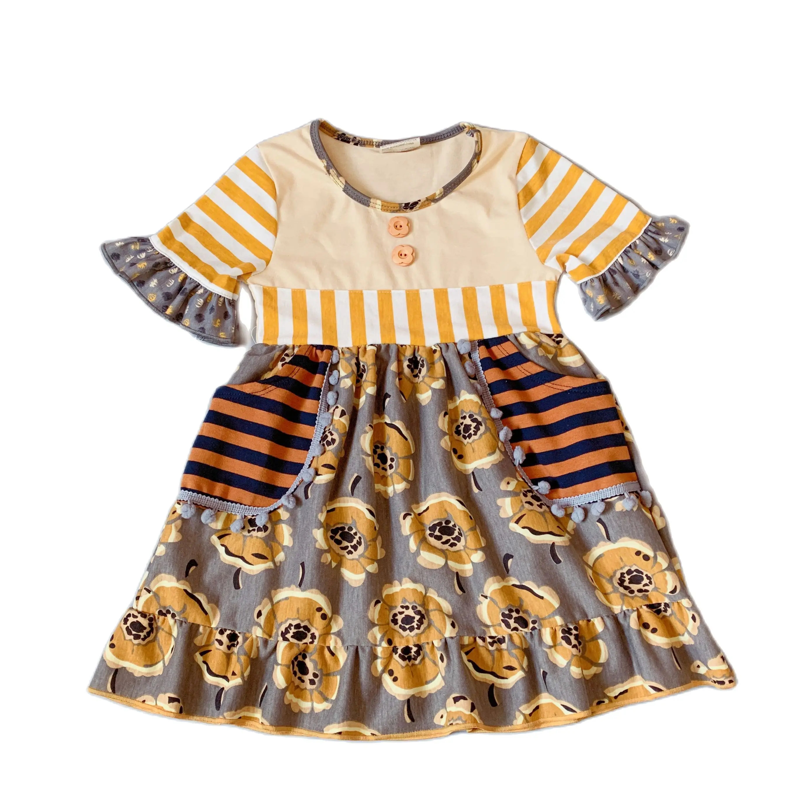 

mustard 100%cotton Fall with geometry Ruffle Baby Girls Dress Autumn dress