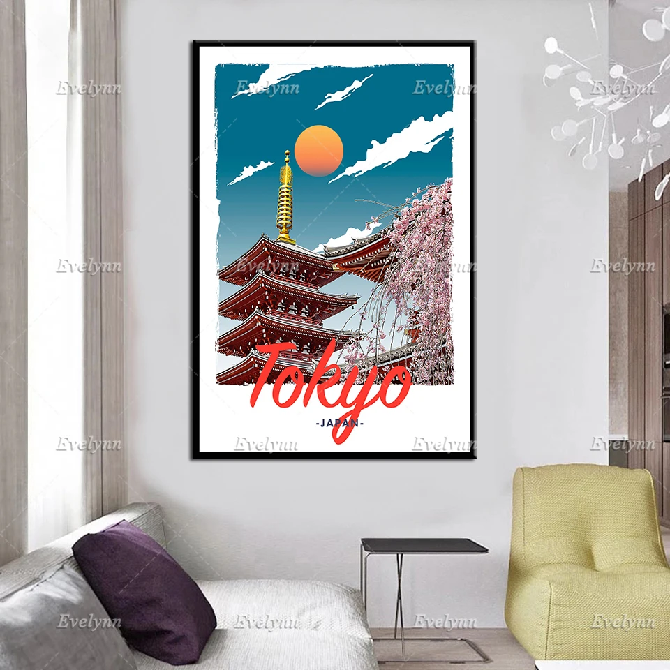 Retro Vintage Style Travel Poster Tokyo Japan Oil Painting Posters and Prints on Canvas Hd Wall Art Modular Pictures Home Decor