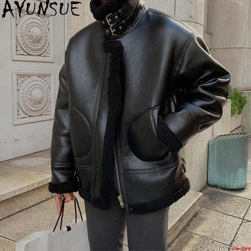 AYUNSUE High Quality Winter Genuine Leather Jacket Sheepskin Coat Men Warm Thick Wool Man Jackets Mens Chamarras Para Hombre LW