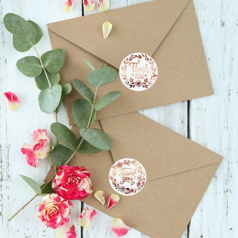 500pcs/roll 1.5 inch Thank you stickers Flower Hot rose gold Cute Stationery Stickers Gift Wrapping Decoration Envelope Seals