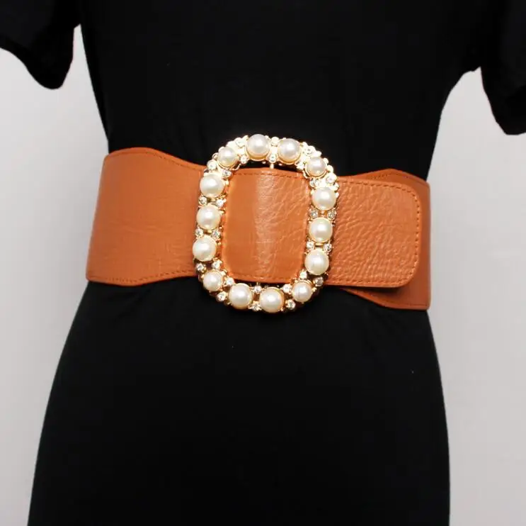 Women's runway fashion pearl buckle elastic Cummerbunds female Dress Corsets Waistband Belts decoration wide belt R3176