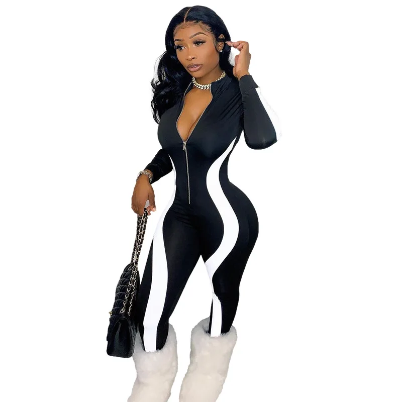 Fitness Sportkleding Rompers Vrouwen Casual Streep Patchwork Lange Mouwen Rits V-Hals Workout Jumpsuit Outfit Eendelig Overall