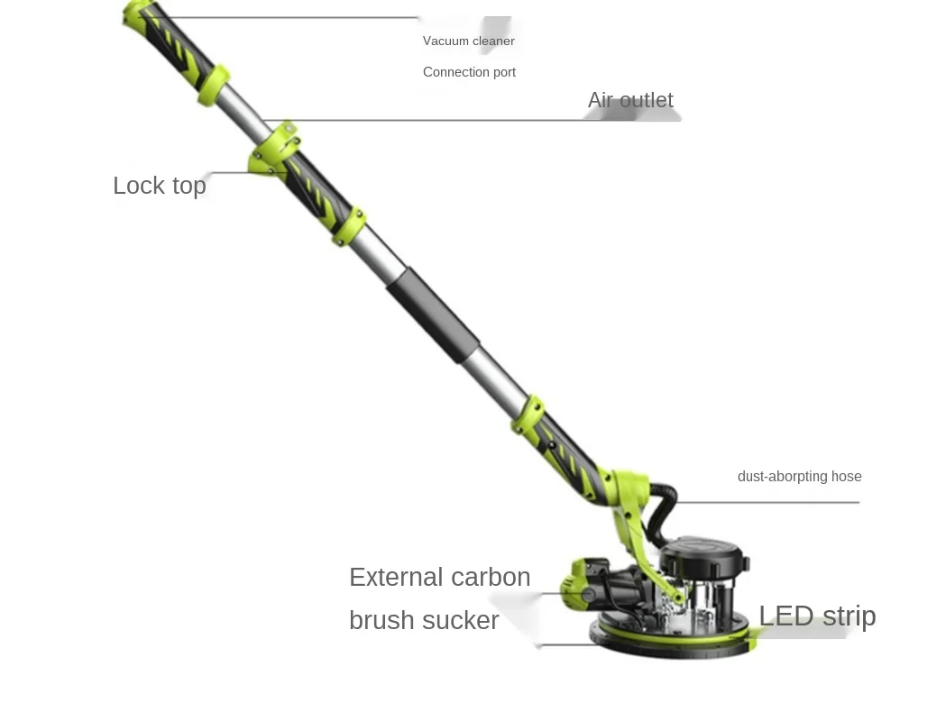 220V 810W 1.9m télescopique à main longue perche mur rectifieuse, disque ponceuse, auto-amorçante de collecte de poussière, LUMIÈRE LED