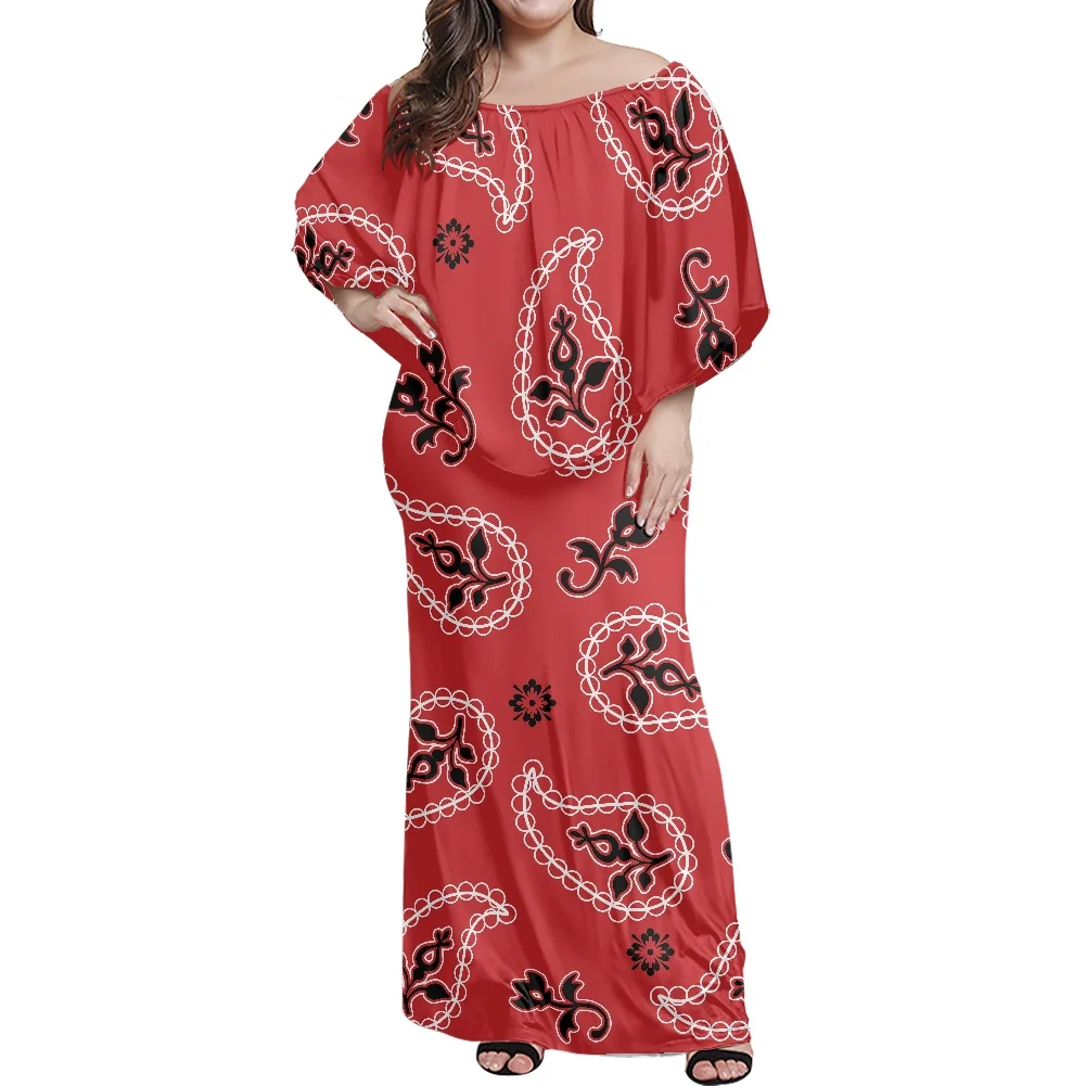 Elegant Evening Dress Summer Red Off-The-Shoulder Short Sleeves Big Front Swing Plus Size Dress Polynesian Tribe Bandana Print