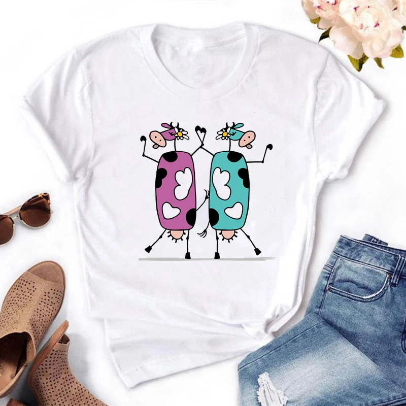 

Summer Short Sleeve Women T Shirt Casual Cute Cartoon Cows Print Female t-shirt Loose Tops Tee Shirt HH310