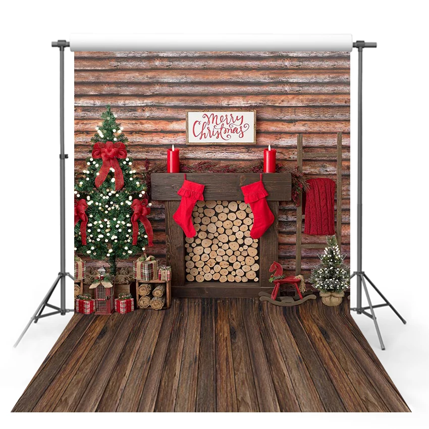 Christmas Background for Photo Studio Winter Snow Christmas Tree Fireplace Wreath Wood Floor Photocall Backdrop Photo Studio