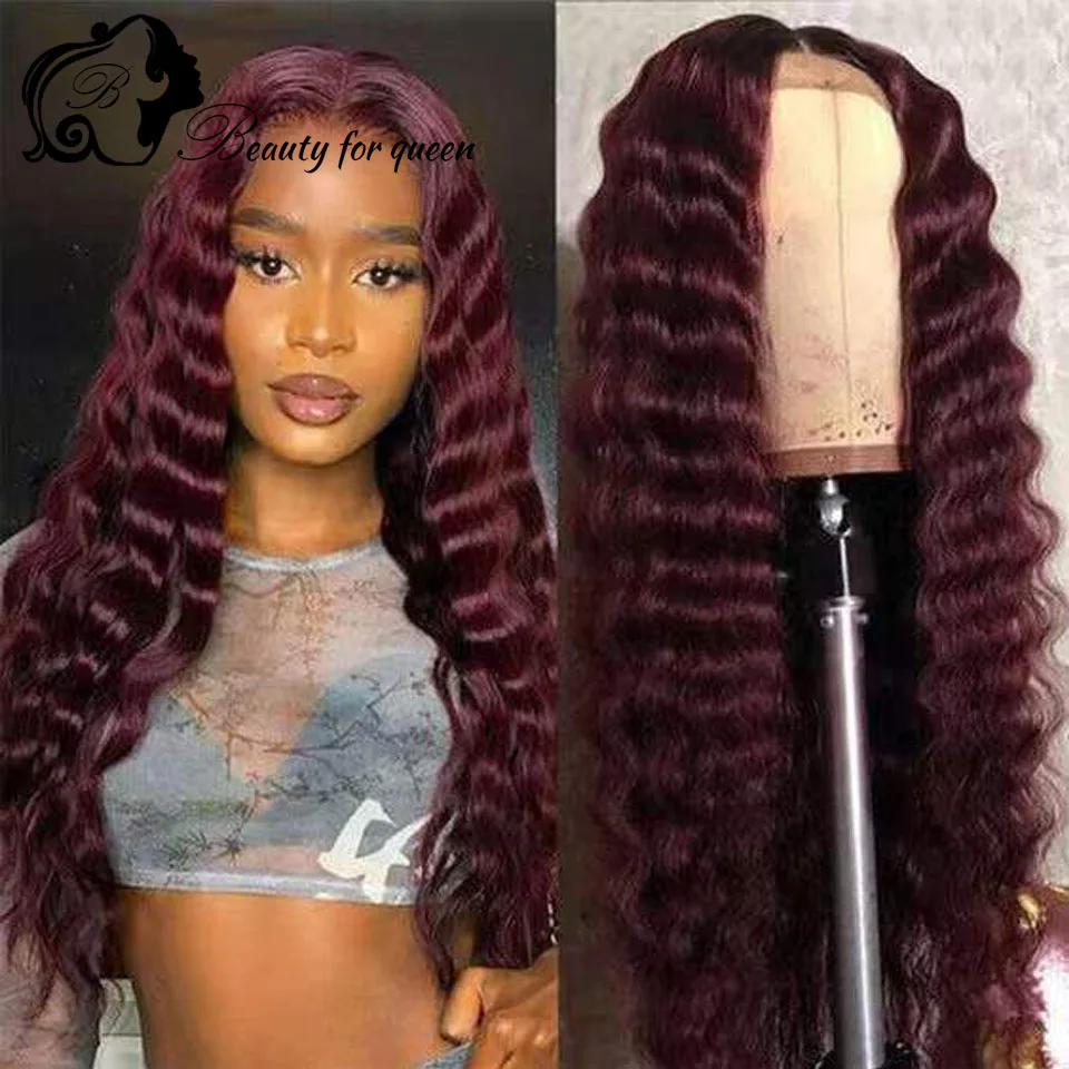 สี Wigs 99J Deep Wave ด้านหน้า Wigs สำหรับผู้หญิง Human Hair Extension HD ด้านหน้าลูกไม้วิกผม Bleached knots 180%