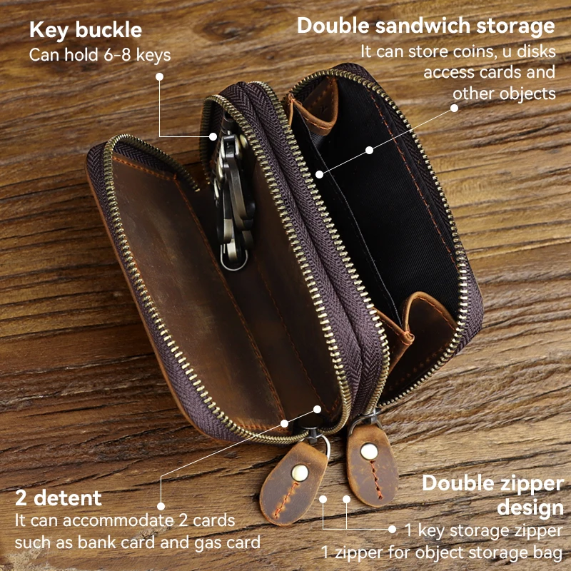 Cartera de cuero genuino para hombre y mujer, funda de llave inteligente de coche Retro, doble cremallera, organizador de llaves, bolso de mano