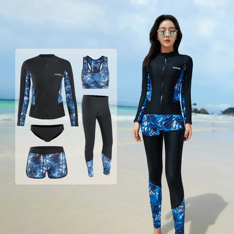 Long Sleeve Rash Guard Women Print 5 Pieces Sport Swimsuit Zipper Swimwear Surfing Pad Long Pant Couples Men 3 Pieces