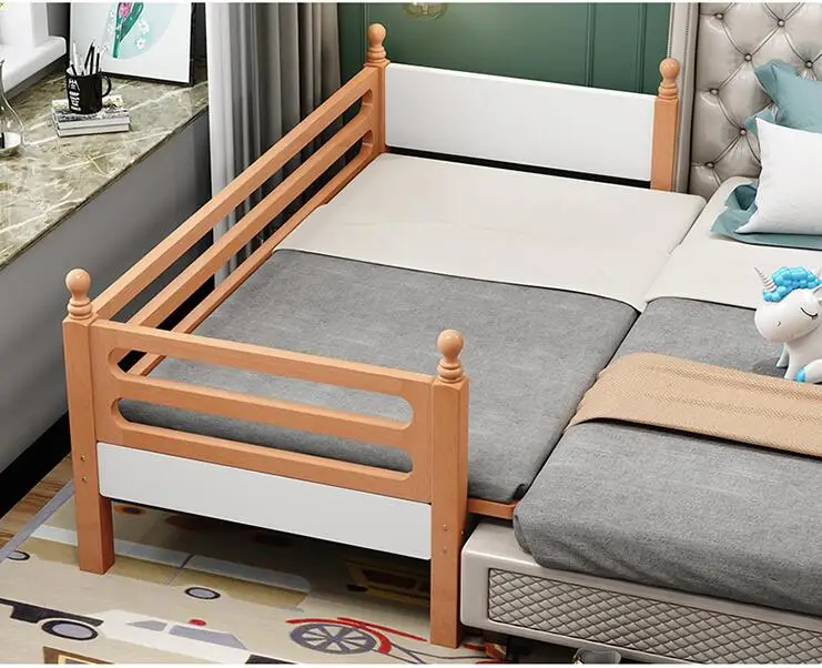 Solid beech child bed with guardrail baby cot spliced king-size bed widened side bed extended side spliced bed can be customized