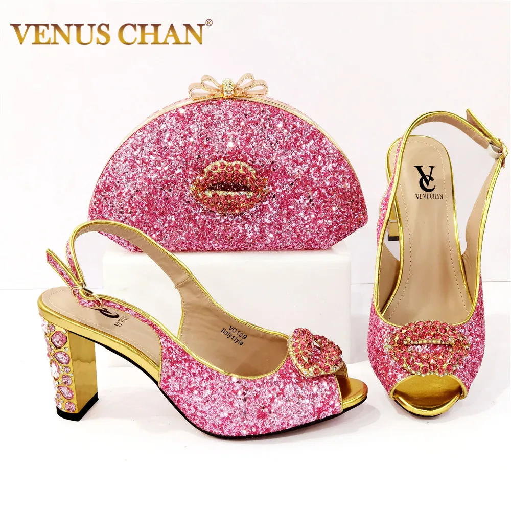 

Italian Ladies Pink Color Ladies Shoes and Bags To Match Set Decorated with Rhinestone Nigerian Women Wedding Shoes and Bag Set