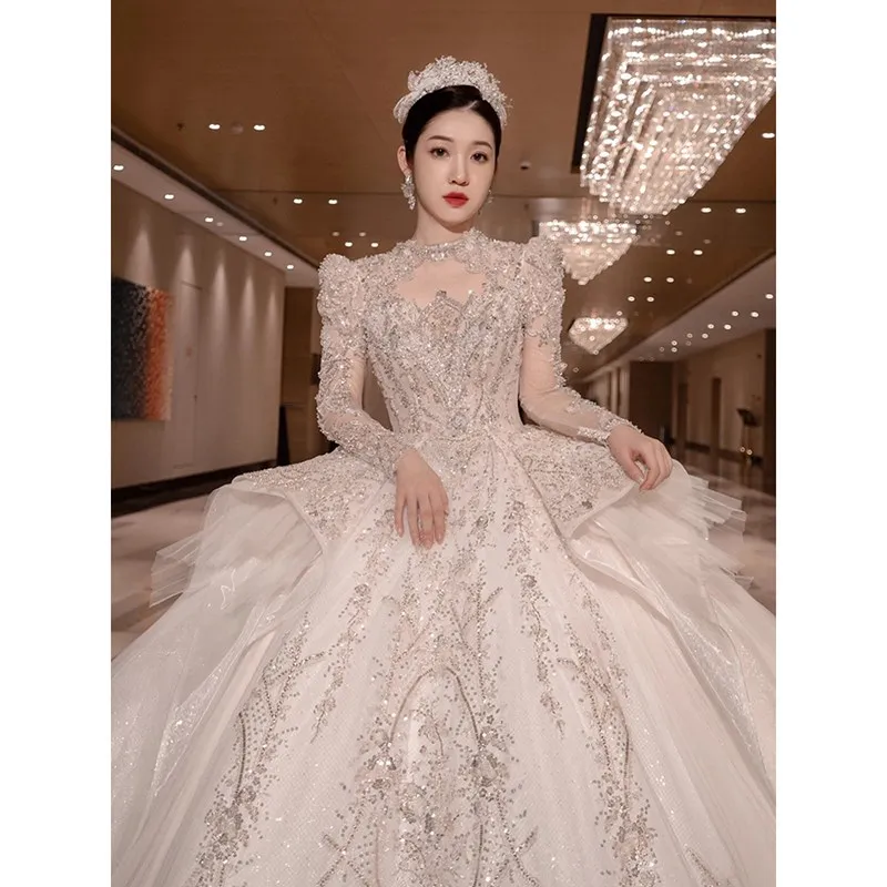 Vintage Luxury Long Train Wedding Dress 2023 New Bridal Dresses Ball Gown Long Sleeve Winter Beading Wedding Gowns