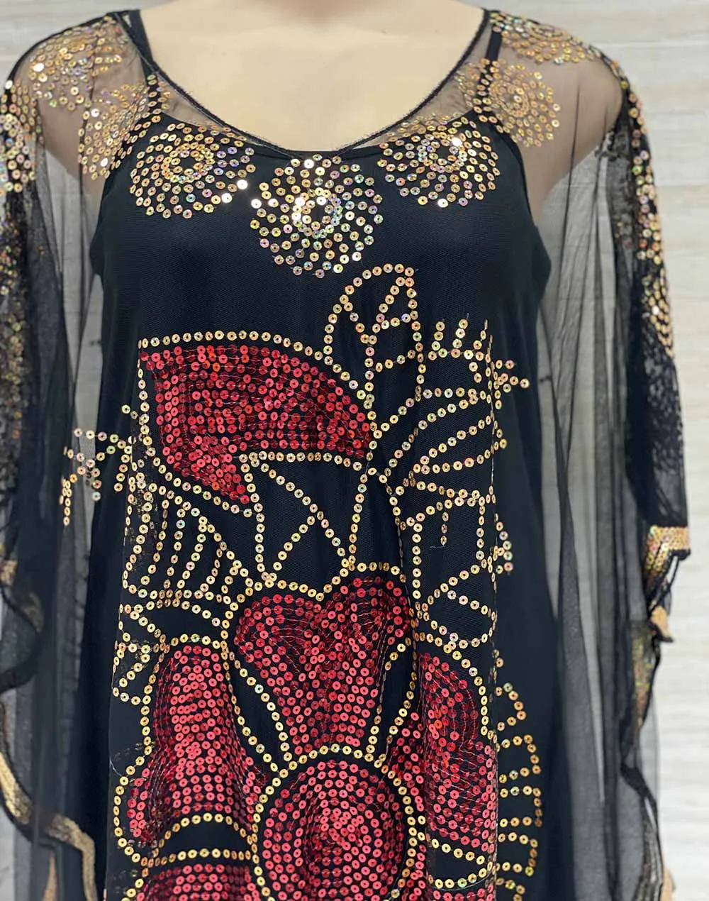 New Style African Women\'s Clothing Dashiki Abaya Fashion Gauze Fabric Sequins Bat Sleeve Loose Dress Free Size  Single Piece