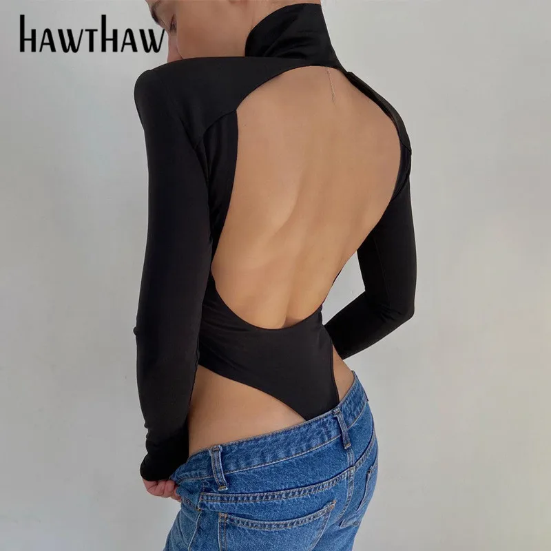 Hawthaw Frauen Herbst Langarm Backless Soild Farbe Rollkragen Schlank Bodycon Bodysuit Overall 2020 Herbst Kleidung Streetwear