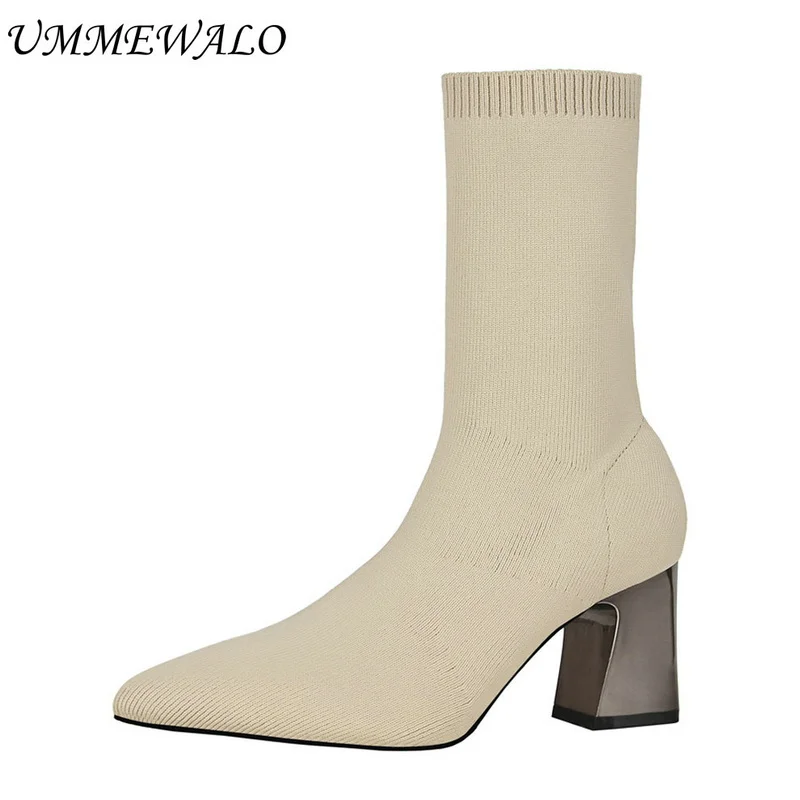 UMMEWALO Pointed Toe Stretch Knit Sock Boots Women Fashion High Heel Shoes Elastic knitting Ankle Boots Winter Ladies Shoes