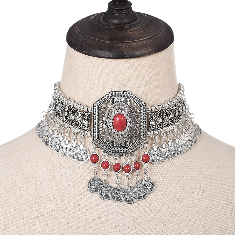 Ethnic Statement Collar Necklace for Women Choker Bohemian Vintage Hollow Geometric Crystal Rhinestone Beads Coin Tassel Jewelry