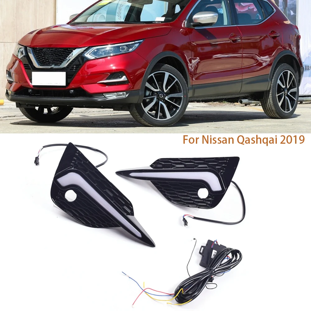 

2 Pieces Car LED Daytime Running Lights For Nissan Qashqai 2019 with Turn Signal Running Yellow DRL 12V Daylights Fog Lmap Cover