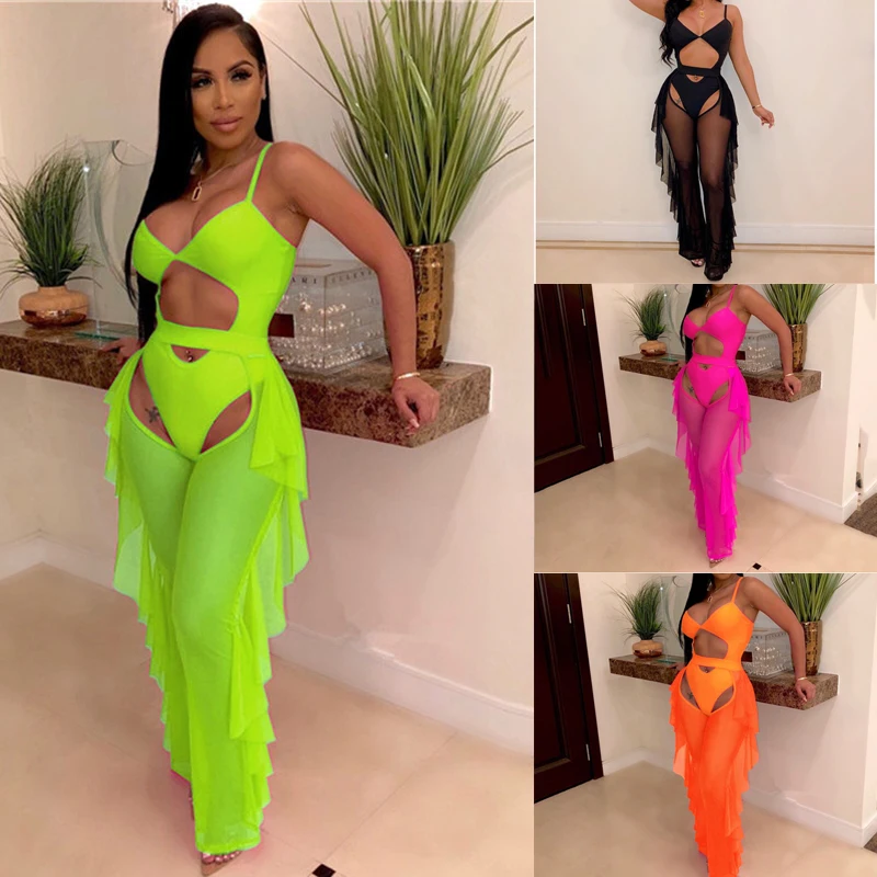 

Fluorescent Color Hollow Out Set Women Pole Dance Clothing Rave Outfits Sheer Mesh Bodysuit Ruffles Pants Clubwear XS2813