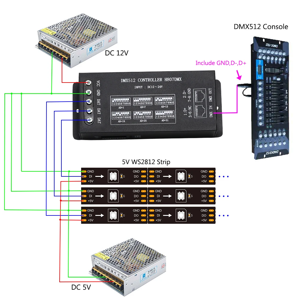 Imagem -03 - Decodificador Dmx Console para Spi Rgb Controller Led Strip Light 14 Canais Dmx512 Controlador para Ws2811 Ws2812 Ws2813 Novo