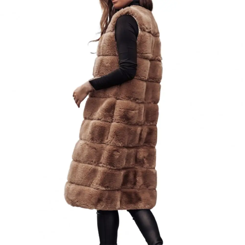 Autumn Winter Women Jacket Vest Solid Color Round Neck Faux Fur Coat Thick Crew Neck Outerwear Plush Jacket for Women