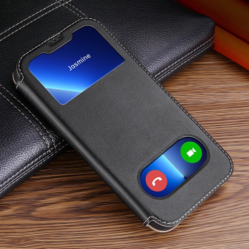 For iPhone 16 15 Flip Case Window Magnetic Genuine Leather Wallet Book Cover For iPhone 14 13 12 11 Pro Max X XR XS 7 8 Plus