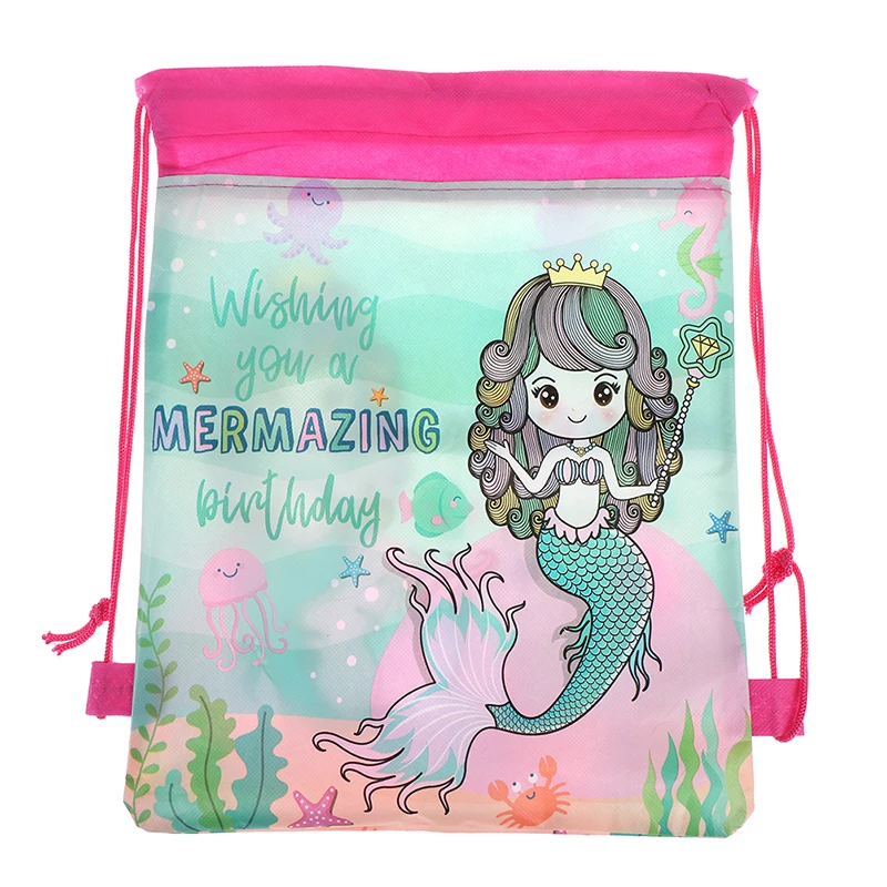 Mermaid Non-woven Bag Backpack Kids Travel School Decor Drawstring Gift Bags