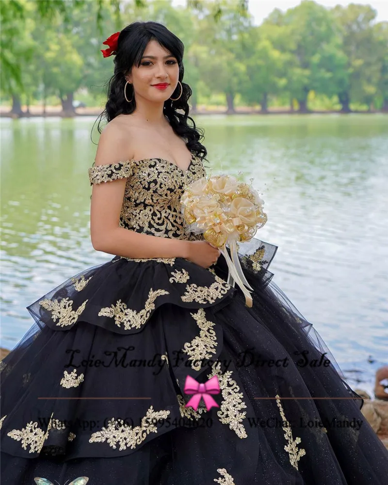 Gaun Pesta Gaun Quinceanera Hitam Gaun Panjang 2022 Seksi Bahu Terbuka Manis 16 untuk Wanita Applique Renda Emas Vestido De 15 Anos