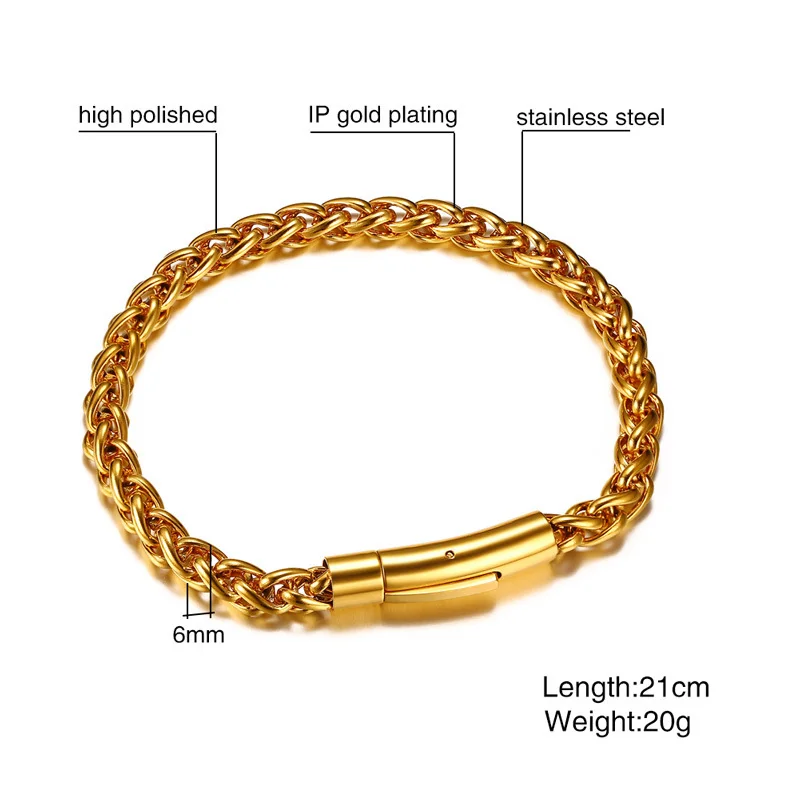 Men\'s Spiga Chain Bracelet Stainless Steel Round Box and Wheat Link Braslet Male Jewelry 8.5