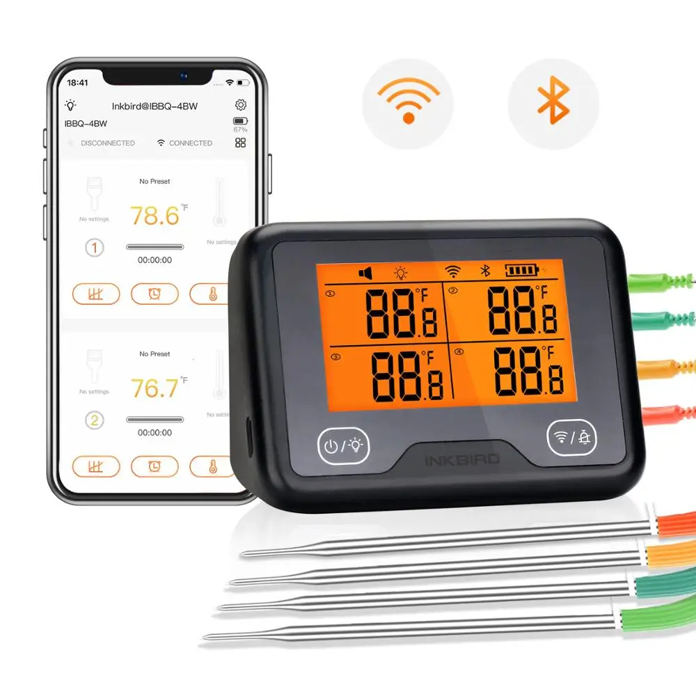 

INKBIRD IBBQ-4BW Digital Wi-Fi&Bluetooth Grill Thermometer Rechargeable Wireless BBQ Thermometer with 4 Probes with Graph