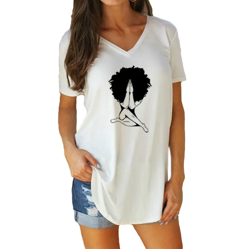 

New Afro woman Praying Print Women tshirt Cotton Casual Funny V-Neck t shirt For Yong Lady Girl Summer Top Tee