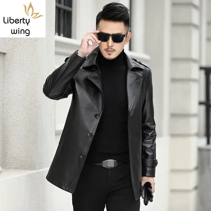 

Brand Business Genuine Leather Coat Men Casual Sheepskin Single Breasted Blazer Luxury Winter Black Windbreakers Plus Size 4XL