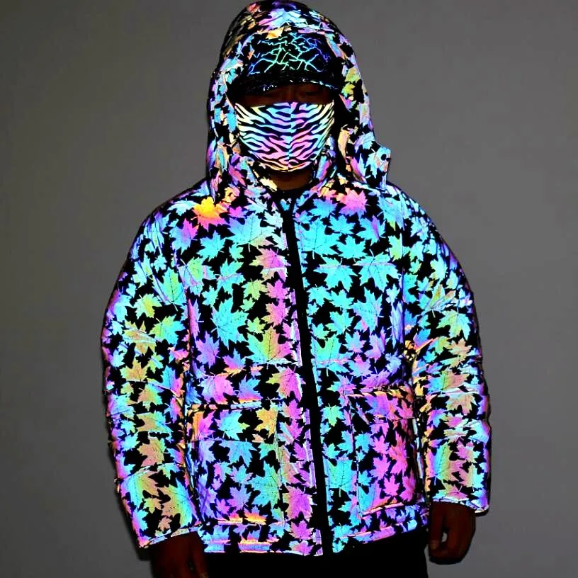 Winter Men Rainbow Reflective Hooded Parkas Down Cotton Jacket Luminous Clothing Street Nightclub Hip Hop Dance Cargo Outcoat