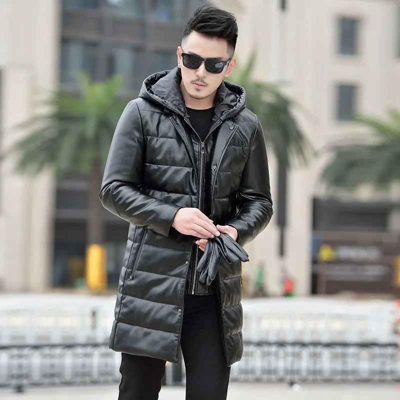 BATMO 2024 new arrival winter high quality real leather&90% white duck down hooded jackets men,men\'s leather jackets,1819