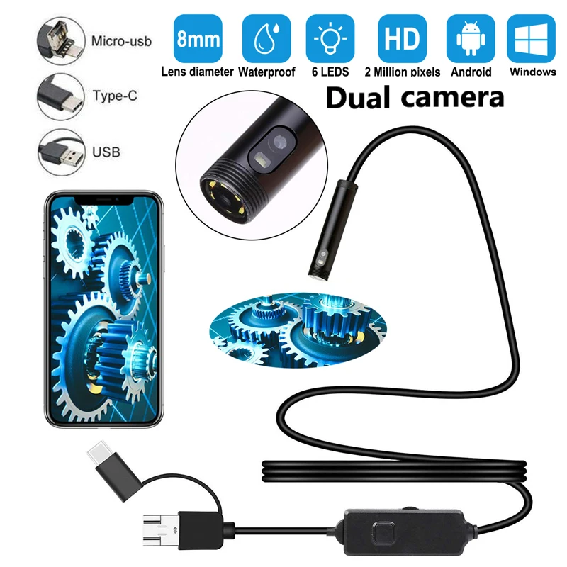 

720P 3in1 Dual USB Endoscope Camera 2m 5m 10m Hard Cable Snake Inspection Camera 8mm 6 LED Borescope for Android PC Endoscope