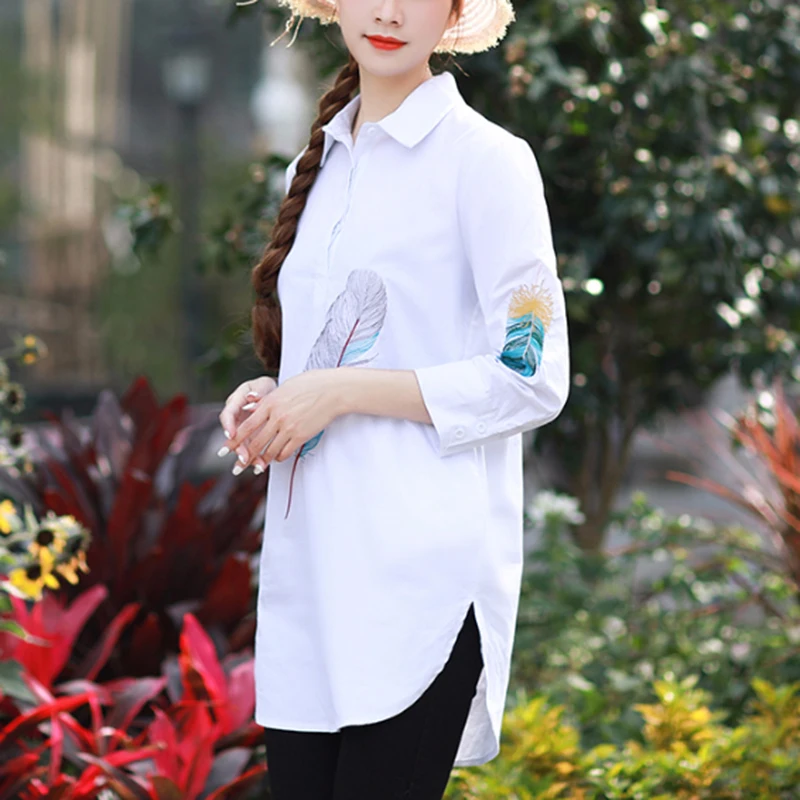 Fashion Women Blouse Summer Korean Style Art Feather Embroidery White Loose Tunics Shirts Ladies Office Work Tops blusas mujer