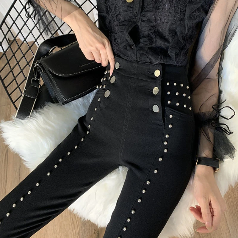 Autumn Patchwork Beading Women's Jeans High Waist Slim Denim Ankle Length Pants Female 2022 Streetwear Fashion New KZ322