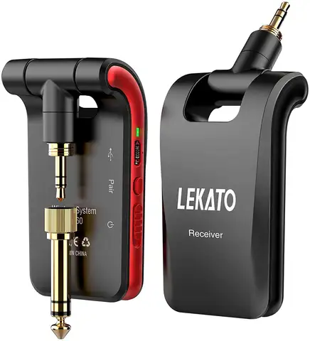 LEKATO WS-60 무선 기타 시스템 – 2.4GHz 스테레오 송신기 및 수신기, 6채널 2in1 플러그