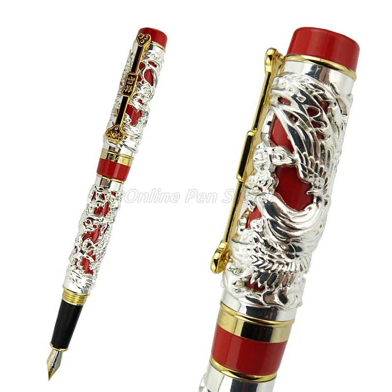 Jinhao Vintage Metal Red Barrel Silver Dragon And Phoenix Carving Embossing Medium Nib Heavy Fountain Pen Noble Office School