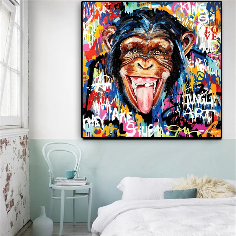 Graffiti Street Art Abstract Cute Monkey Canvas Painting Posters and Prints Cuadros Banksy Pop Wall Art Picture for Living Room