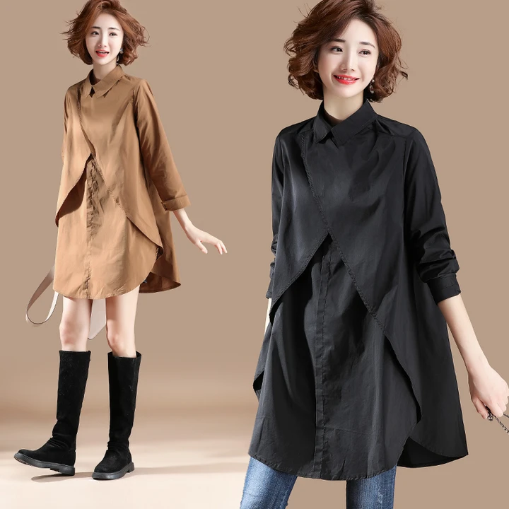 COIGARSAM 2019 New Autumn blouse women Full Sleeve Loose Long Hong Flavor blusas womens tops and blouses Khaki Black 9851