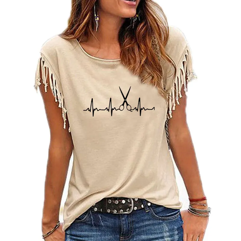 Summer Brand Clothing Hairdresser T Shirts Women Cool Hair Printed Cotton Tassel Short Sleeve O-neck Casual Barber Top