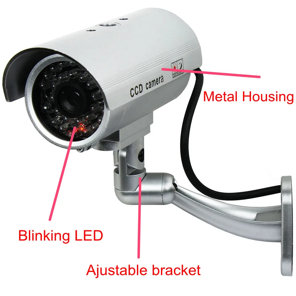 Cámara falsa de seguridad para exteriores, videocámara de videovigilancia cctv con luz led roja intermitente, alimentada por batería