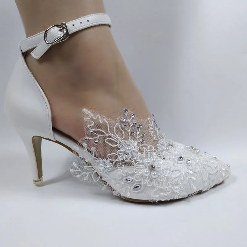 

BaoYaFang Ladies Wedding shoes White Lace-up Shoes Woman Ankle strap Party Pumps Female shoes Lace Flower buckle shoe