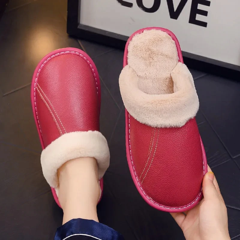 Brand genuine leather house shoes for womens slippers furry slides female indoor warm slippers