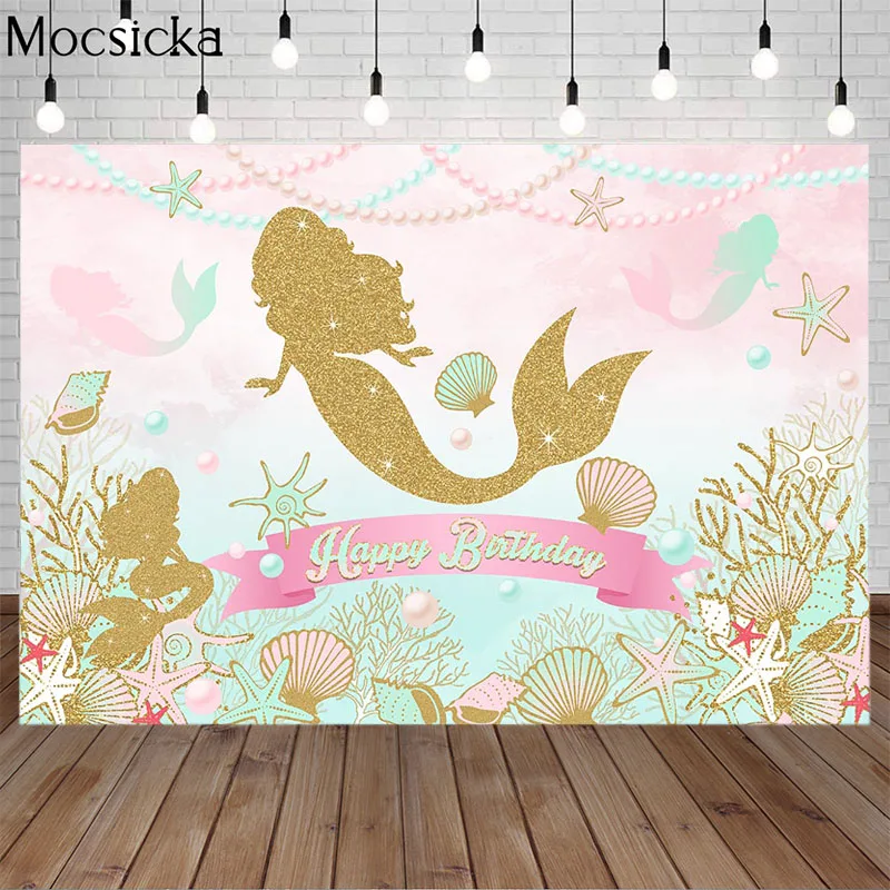 

Mocsicka Mermaid Happy Birthday Backdrop Shell Starfish Pearl Photography Background Girl Princess Photo Party Decorate Props